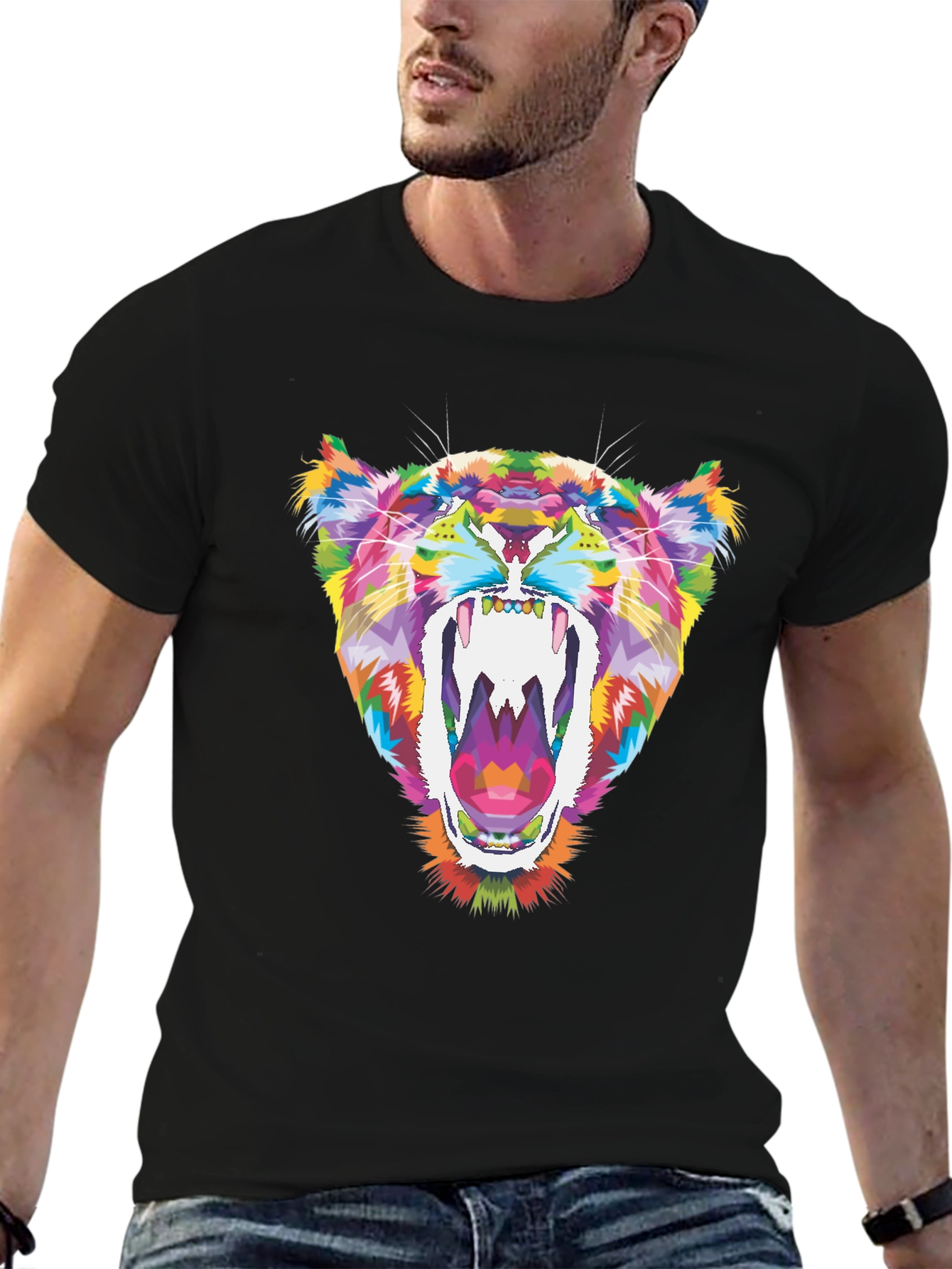 Vibrant Geometric Tiger Graphic Tee - Black