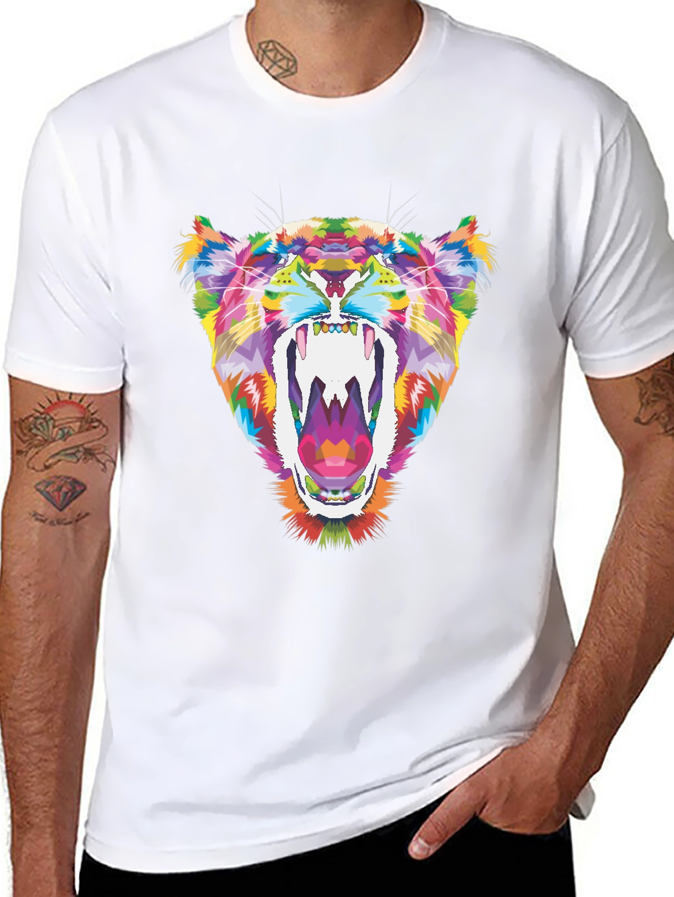Vibrant Geometric Tiger Graphic Tee - Black