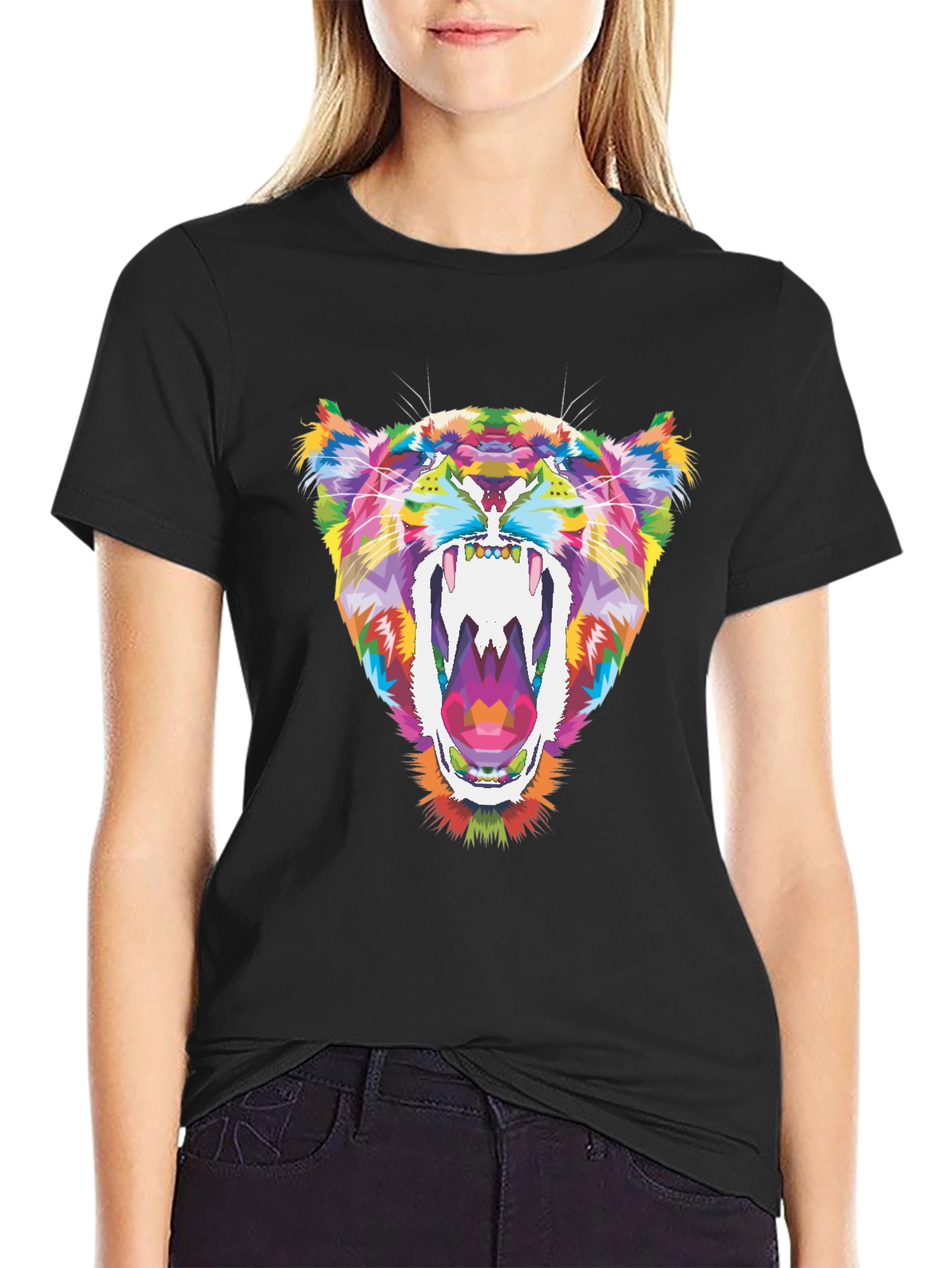 Vibrant Geometric Tiger Graphic Tee - Black